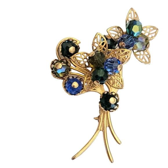 Gold Tone Blue Aurora Borealis Filigree Flower Bunch Brooch K550 - Picture 8 of 8